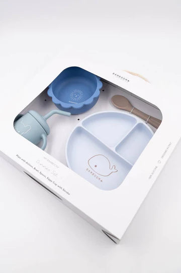 Set Bimbo in Silicone ( piatto, scodella, cucchiaio, bicchiere) - BLU