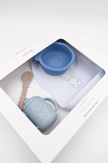 Set Baby in Silicone ( bavaglino, scodella, cucchiaio, bicchiere con beccuccio) - BLU