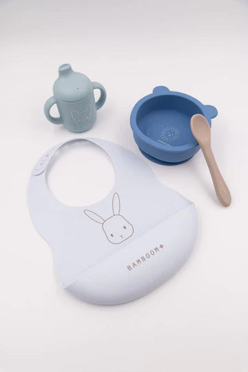 Set Baby in Silicone ( bavaglino, scodella, cucchiaio, bicchiere con beccuccio) - BLU