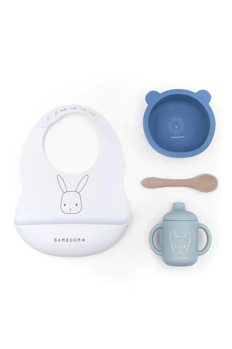 Set Baby in Silicone ( bavaglino, scodella, cucchiaio, bicchiere con beccuccio) - BLU
