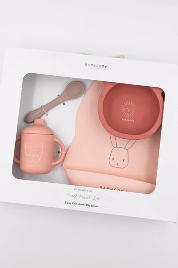 Set Baby in Silicone ( bavaglino, scodella, cucchiaio, bicchiere con beccuccio) - PINK