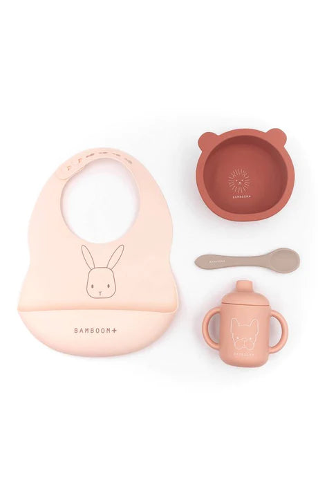 Set Baby in Silicone ( bavaglino, scodella, cucchiaio, bicchiere con beccuccio) - PINK